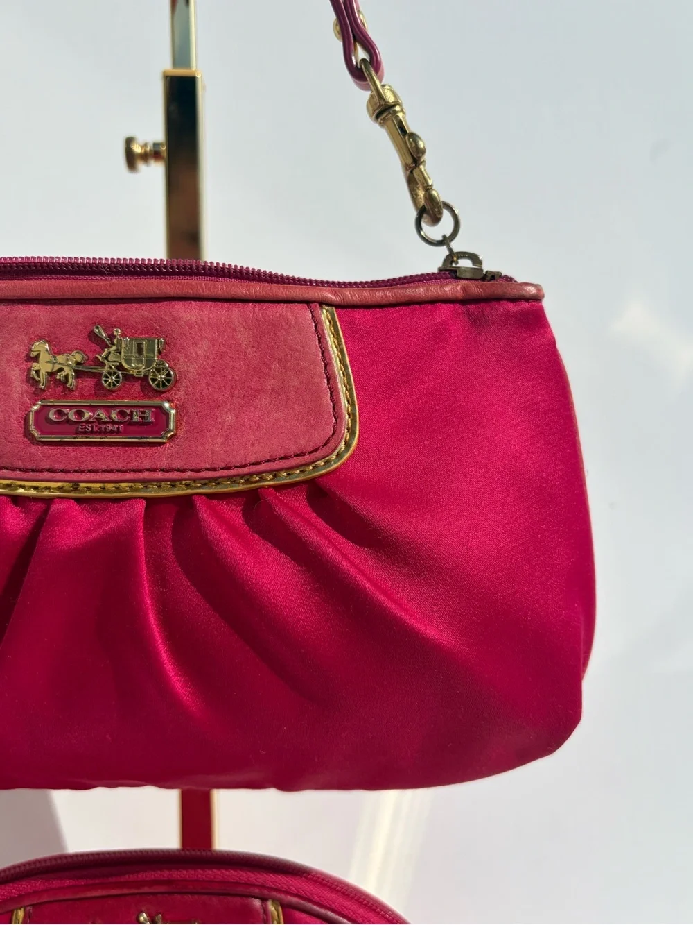 Coach Amanda Magenta Hot Pink Satin Clutch Wristlet Cosmetic Pouch Makeup Bag